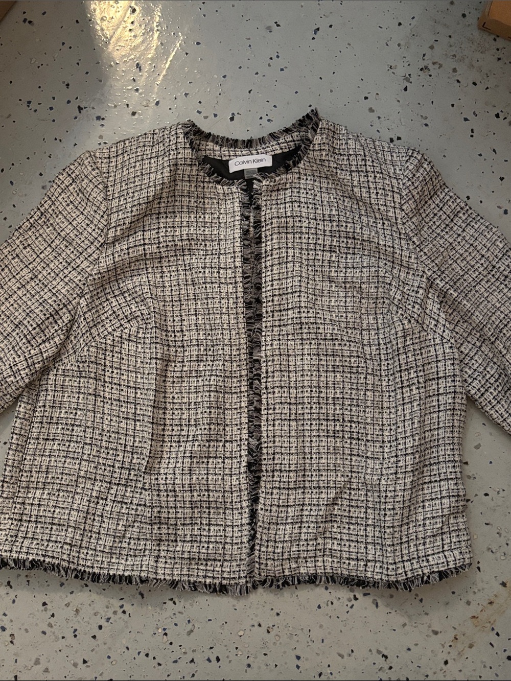 Calvin Klein Black & White Tweed Fringe Jacket